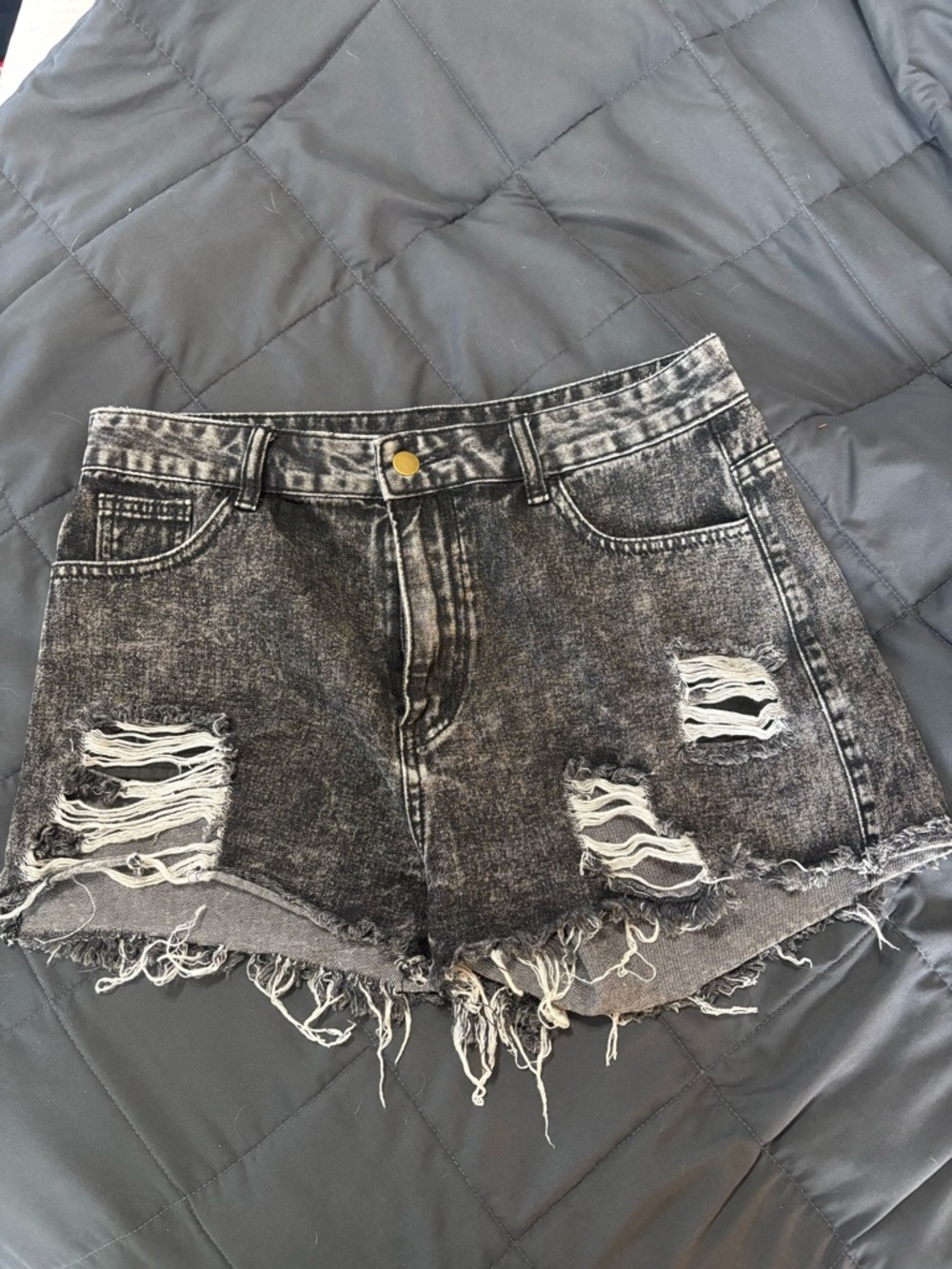 High-Rise Distressed Acid Wash Denim Shorts - Black/Grey